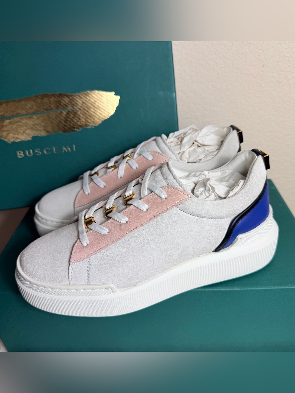 Buscemi White, Pink & Blue Suede Low-Top Sneakers 👟